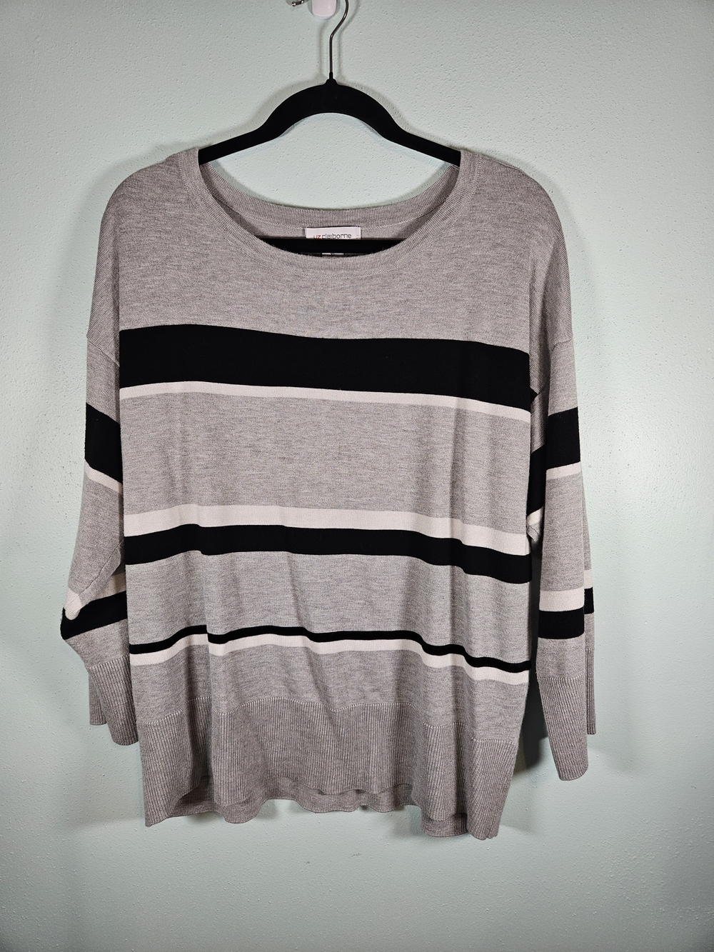 Liz Claiborne Light Gray Sweater with Black & Cream Stripes